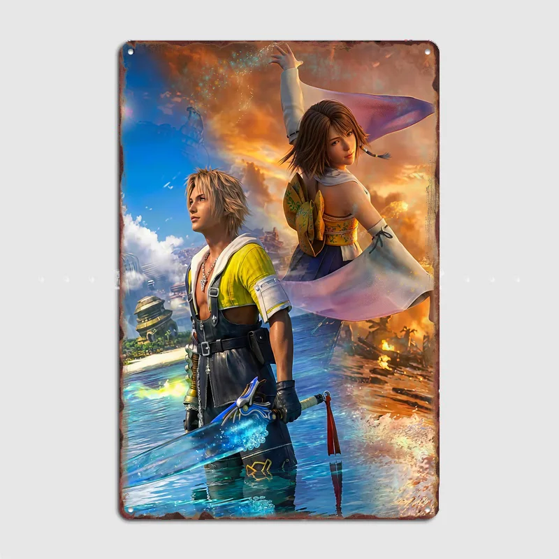 Фото Постер Final Fantasy X с Тидусом и Юной, металлическая табличка, для дома и улицы, декор для бара, настенные украшения для комнаты №1