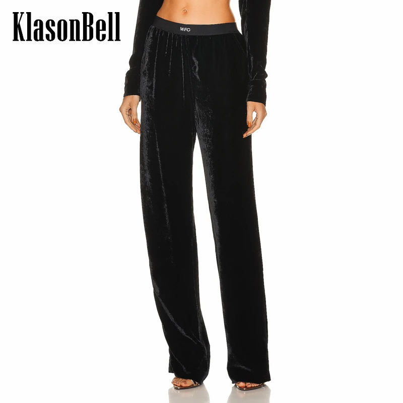 12.2 KlasonBell Black Casual Comfortable Letter Elastic High Waist Velvet Straight Pants Women
