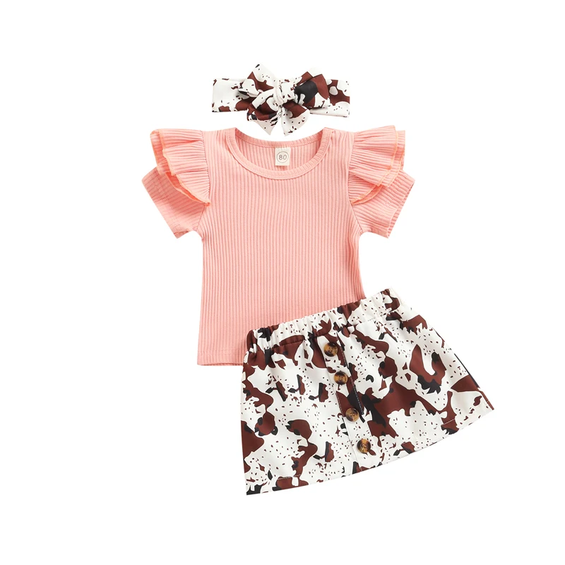 

Baby Girls Tops, Skirt Suit, Short Sleeve Crew Neck Ruffle Shirt Casual Leopard Skirt + Headband