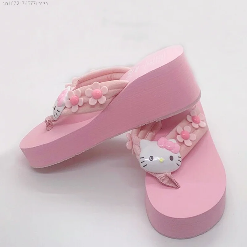 Sanrio Hello Kitty Trend Pink Flip Flops For Women Y2k Sweet Thick Sole Anti-slip Sandals Holiday Beach Slipper Casual Shoes