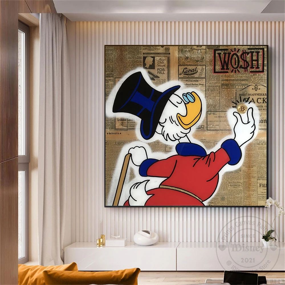 

Disney Cartoon Donald Duck Posters Wish Bitcoin Retro Newspaper Background Print Canvas Painting Wall Art Living Room Home Decor