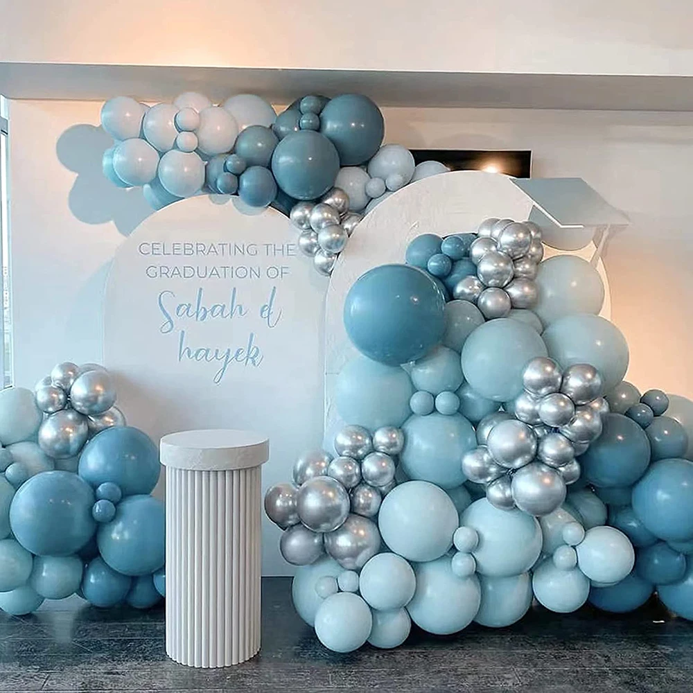 

136Pcs Dusty Blue Balloon Garland Kit Ice Blue and Metallic Silver Balloon Baby Shower Birthday Wedding Party Backdrop Decor