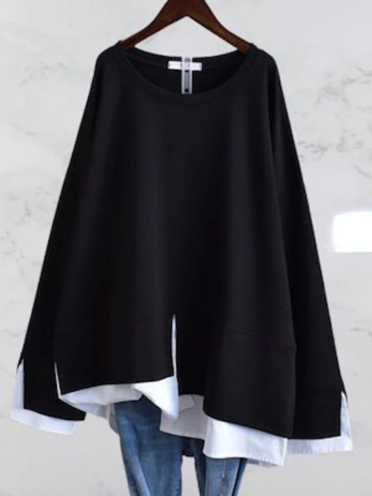 Женская повседневная одежда, Свободный Топ с круглым вырезом и длинным рукавом, Модный пуловер в стиле пэчворк, футболка большого размера, корейская мода