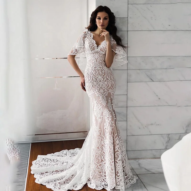 

Unique Flare Sleeves Mermaid Wedding Dresses V-neck Full Lace Applique Bridal Gowns Custom Made Vestido De Novia