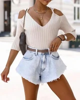 2022 women sexy twist design cold shoulder knit top v neck blouse all match t shirt solid streetwear female clothing ladies new