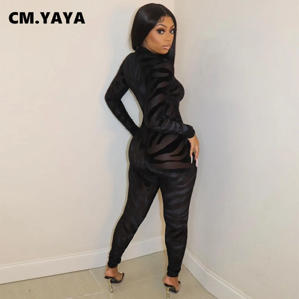 Женский прозрачный сетчатый комбинезон CM.YAYA со шнуровкой открытым спереди и