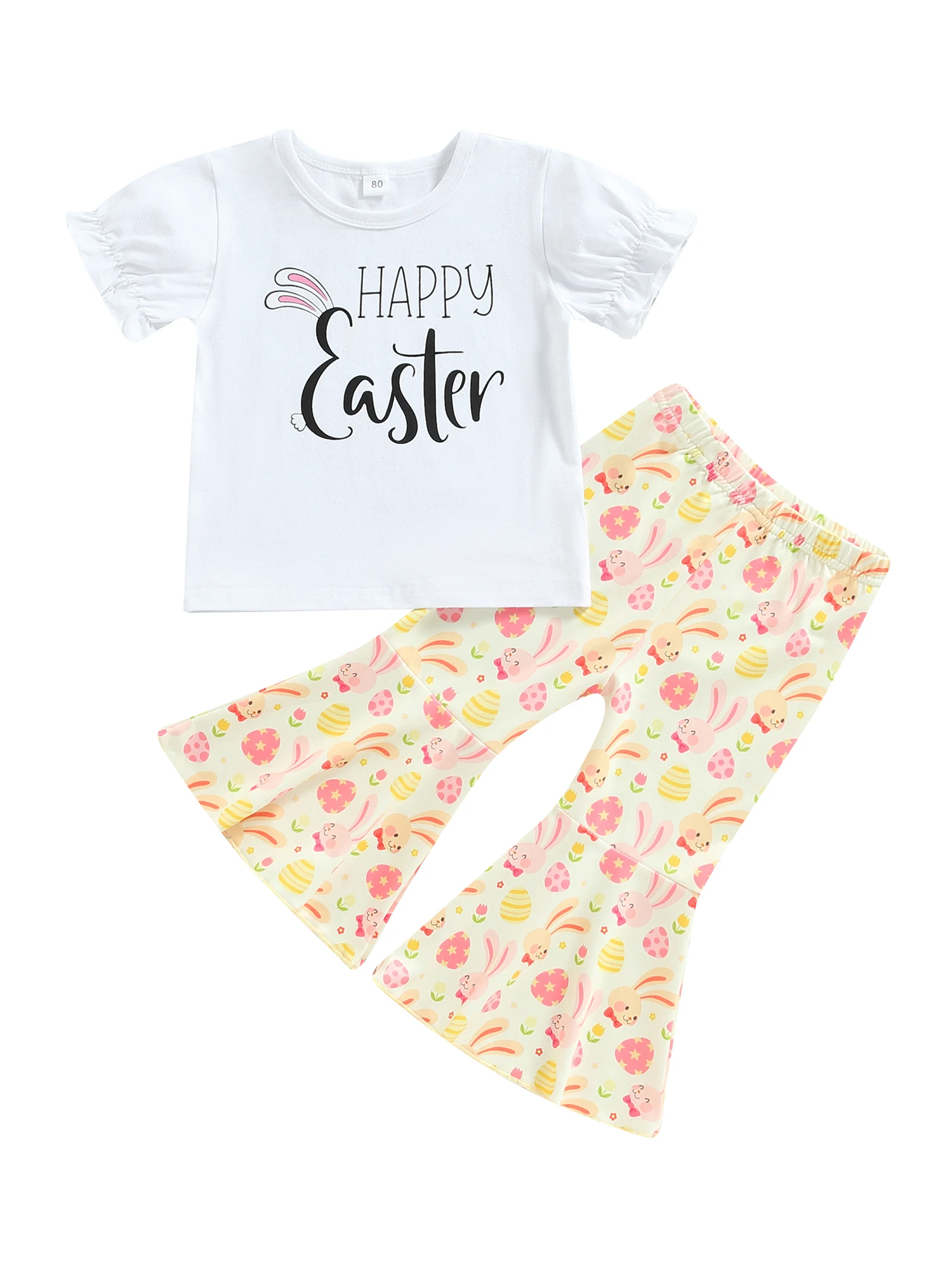 

Пасхальный наряд для маленьких девочек, футболки с буквенным принтом и пышными рукавами, расклешенные брюки с кроликом и морковкой, наряд д...