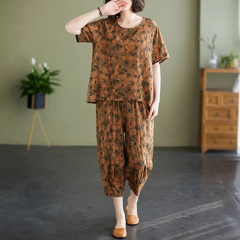 

New Summer Women's 2Pcs Floral Blouse+Pants Office Two Pieces Set Casual Cotton Linen Tops And Calf-length Trousers Sets Suit