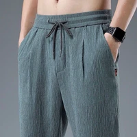 casual linen pants men harem pants joggers sport sweatpants solid color black gray ankle length trousers elastic waist