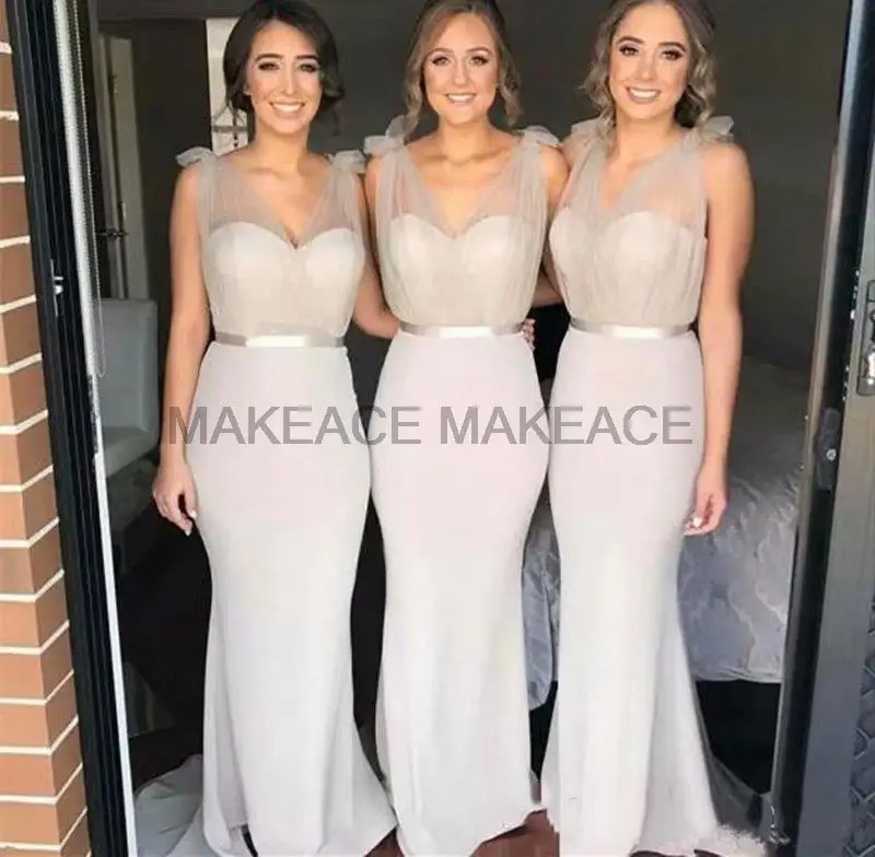 

Mermaid Bridesmaid Dresses V Neck Draped Sweep Train Garden Country Summer Wedding Guest Gowns