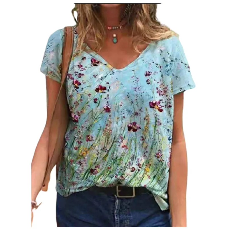 

2022 New 3D Leaves Print T-shirts Women Casual Loose Short Sleeve V-Neck Tops Plus Size 2XL 3XL Clothes