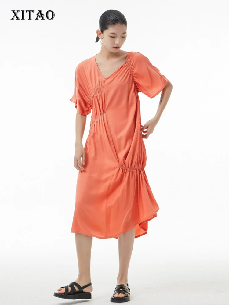 

XITAO Fashion Folds Dress Casual Simple V-neck Pullover Irregular Solid Color Loose Temperament Minority New Women WMD6126