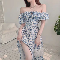 dresses women side slit french style print leisure puff sleeve all match sexy ladies vestidos vintage college birthday party new