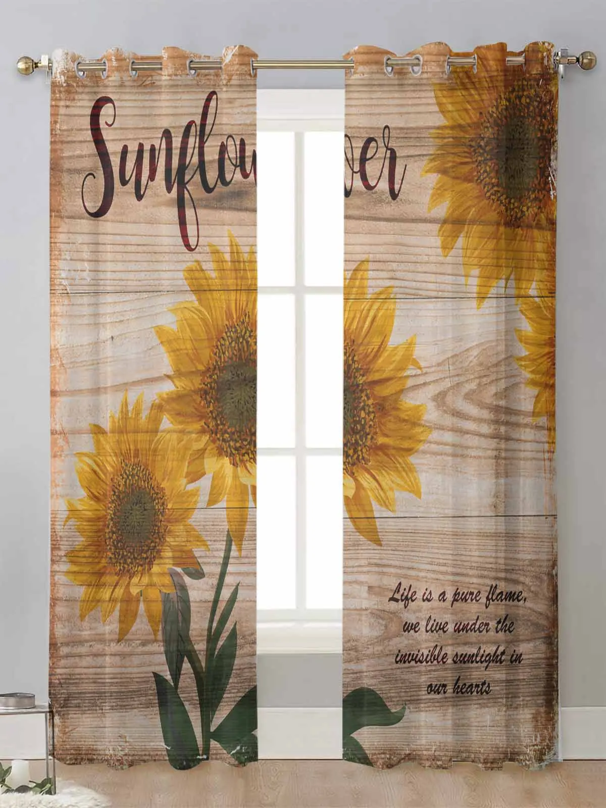 

Farm Retro Sunflower Wood Grain Sheer Curtains For Living Room Window Transparent Voile Tulle Curtain Cortinas Drapes Home Decor