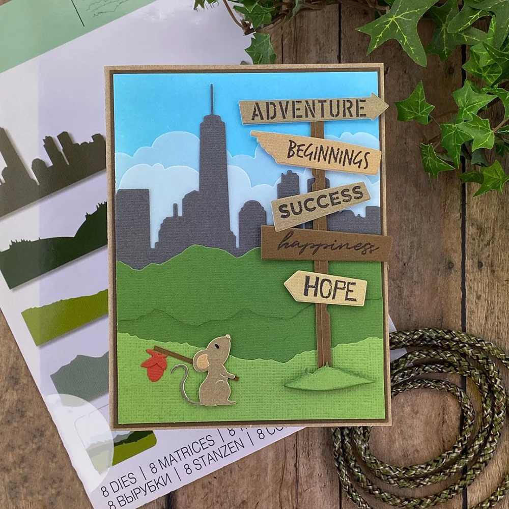 Трава гора город контур здания металлические трафареты сделай сам открытка