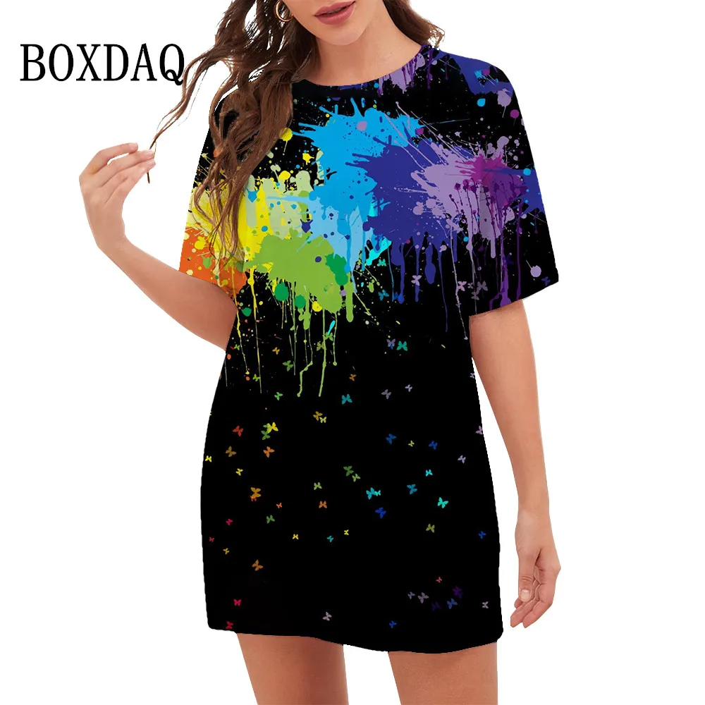 

Женское свободное платье с коротким рукавом, повседневное мини-платье большого размера с 3D-принтом бабочки и брызгами чернил, лето 2023