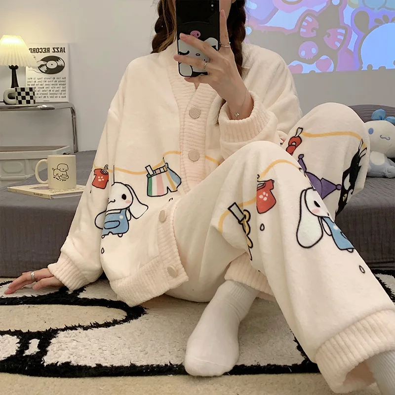 Women Fashion 2Pcs Suit Winter Warm Cardigan Cartoon Sweet Flannel Pajamas Set Home Clothes Female Fleece Thicken Soft Sleepwear