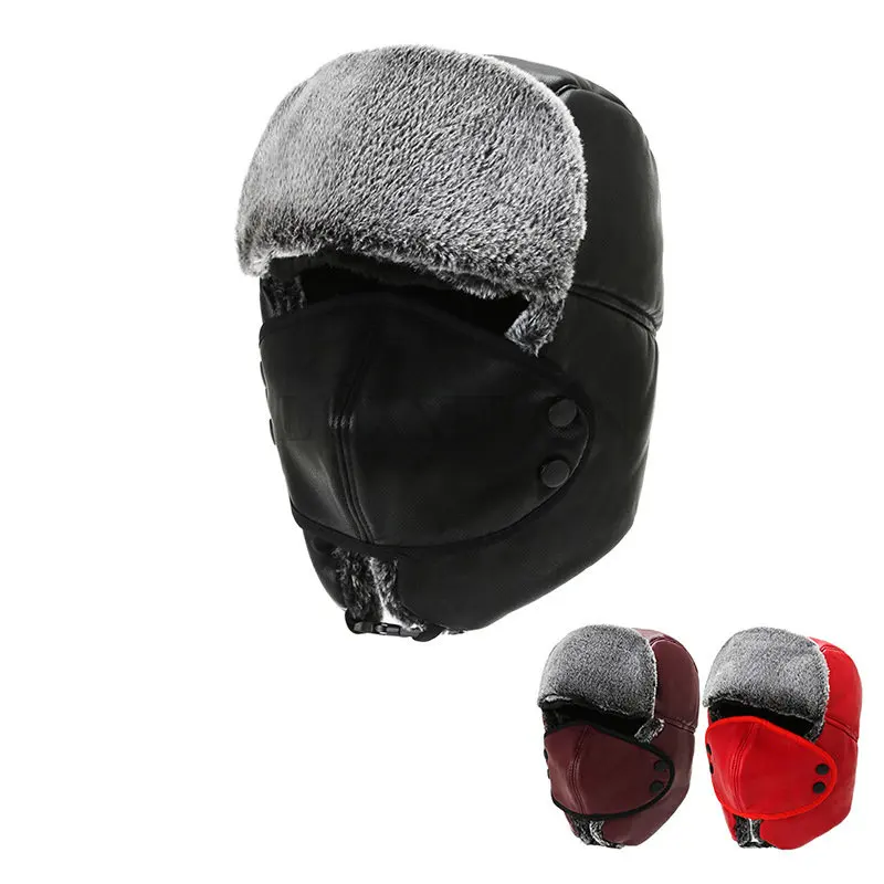 

Bomber Hat Windproof Men Women Leather Russian Hat Snow Ski Earflap Trapper Russian Cap Male Female Winter Hat with Mask