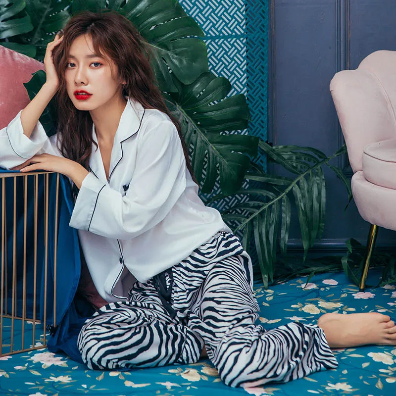 Tulin Fashion Zebra Print Women's Pajamas Women Suits 2 Pieces Satin Sleepwear Female Homewear Long Sleeve Phoentin | Женская одежда
