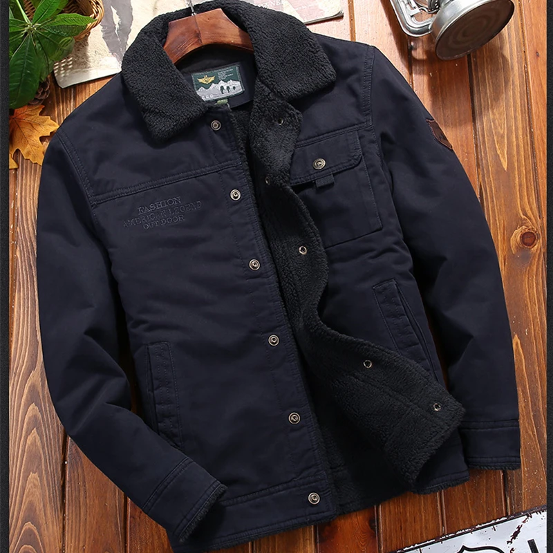 Jaket Musim Dingin Denim Katun 100% Mantel Pria Hangat Tebal Berlapis Bulu Baru Kasual Jaket Trendi Pria Parka Domba Hijau Khaki