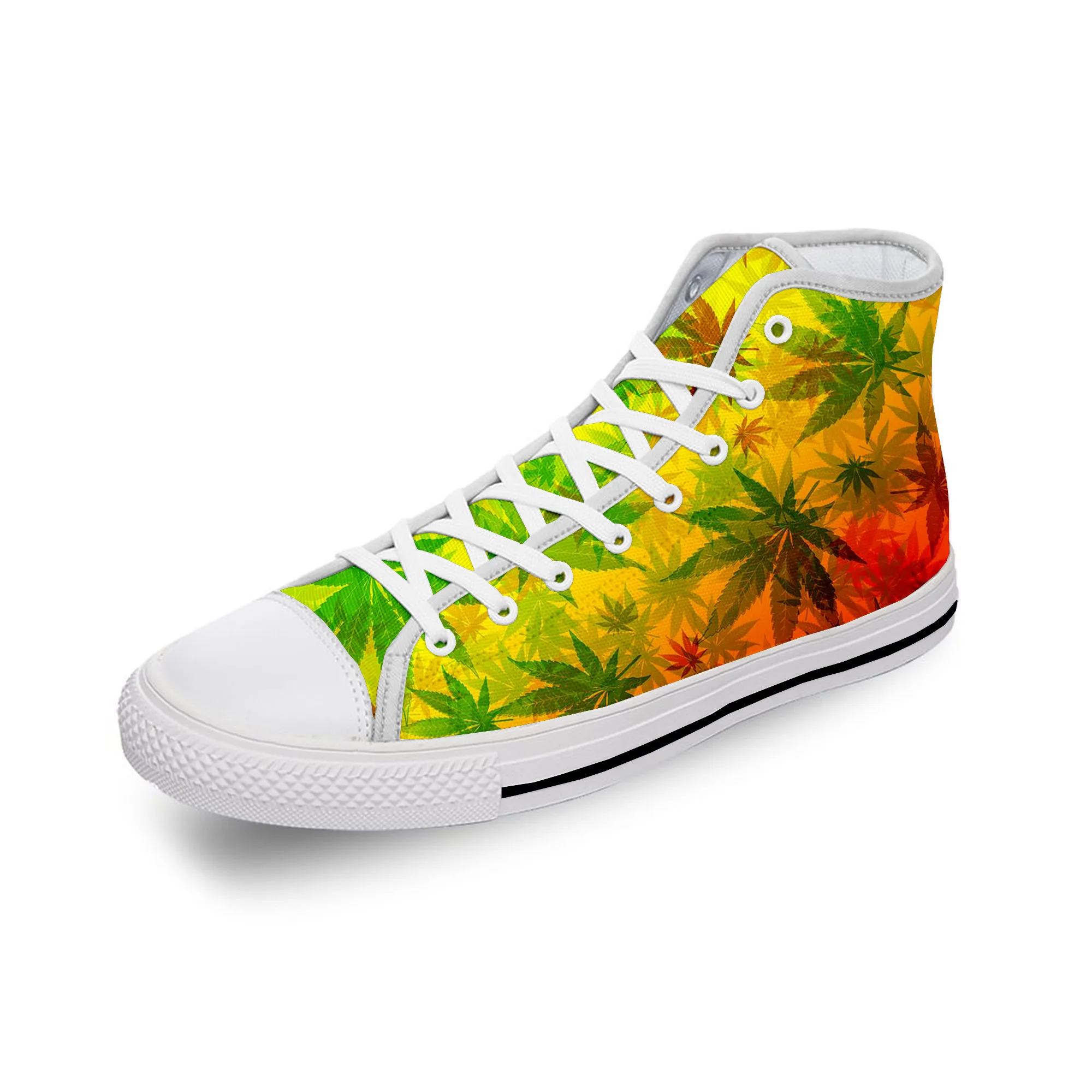 

Reggae Rasta Leaf Pattern Cool White Cloth Fashion 3D Print High Top Canvas Shoes Men Women Lightweight Breathable Sneakers