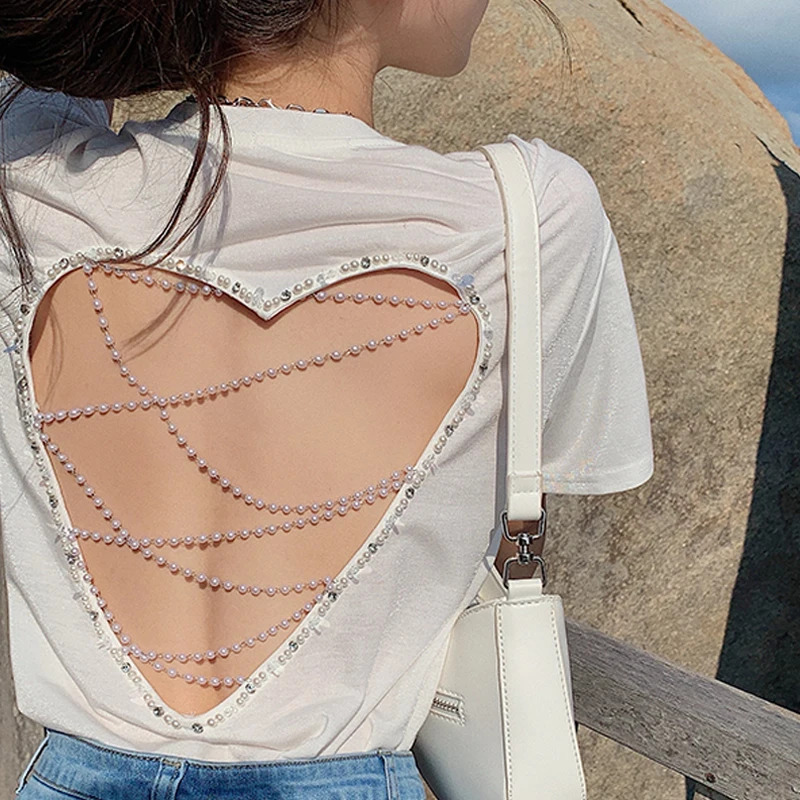 

2021 New Pearl Chain Heart Back Hollow Out Sexy T Shirts Women Summer Club White Tshirt Korean Streetwear Loose O Neck Tops