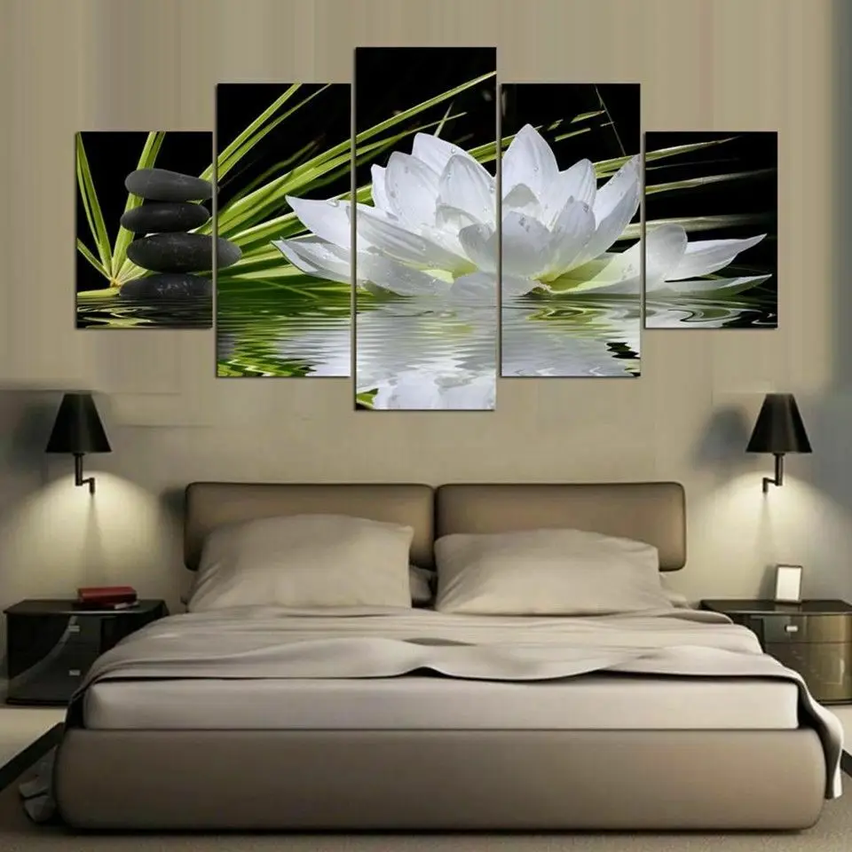 

Белый Лотос цветок булыжник холст печать живопись стены Искусство домашний Декор 5 панелей постер без рамки декор комнаты