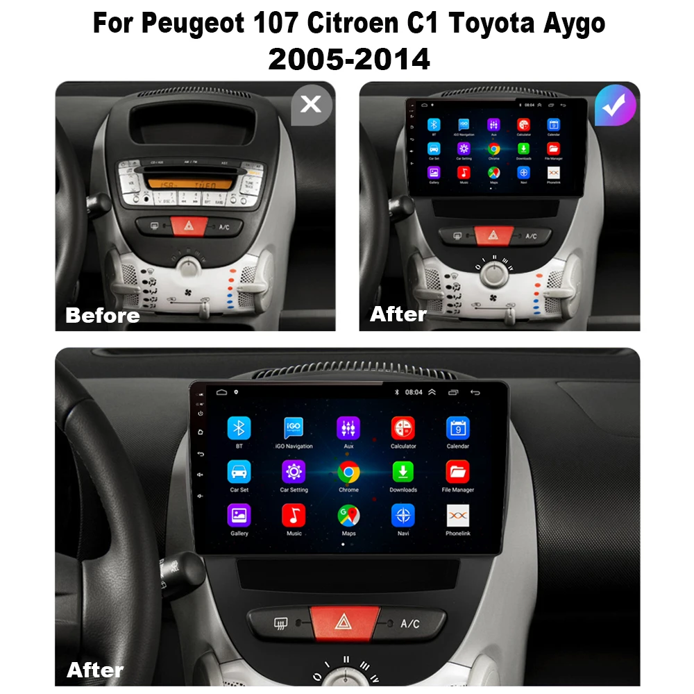 Android 10 For Peugeot 107 Citroen C1 Toyota Aygo 2005 - 2014 Car Radio Multimedia Video Players CarPlay 2 din no dvd Carplay