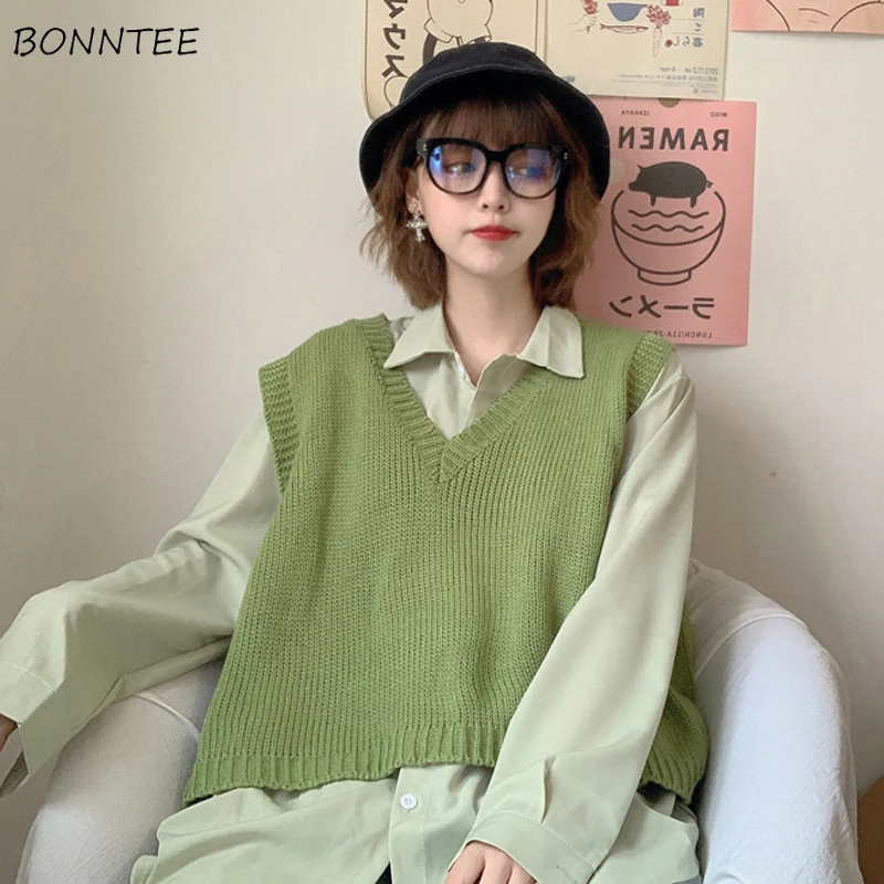 

Sweater Vests Women Young Sweet Ulzzang Жилетка Женская Students Elegant Spring Simple Retro Loose Street Wear Holiday V-neck