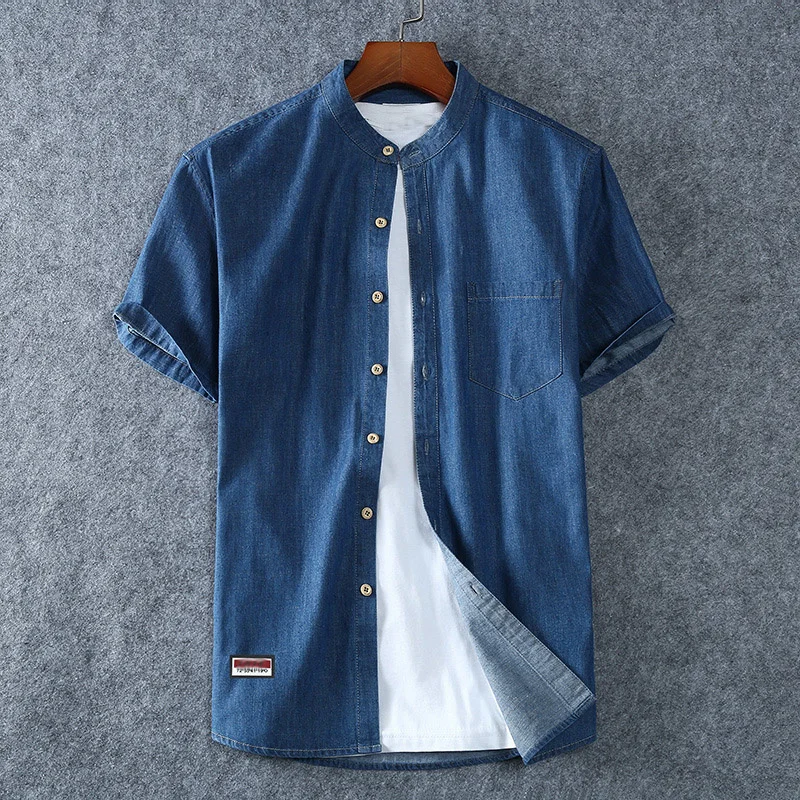 

Рубашка мужская джинсовая с коротким рукавом, модная Свободная Повседневная хлопковая в ковбойском стиле, брендовая сорочка синего цвета, 5xl 6XL 7XL 8XL, лето