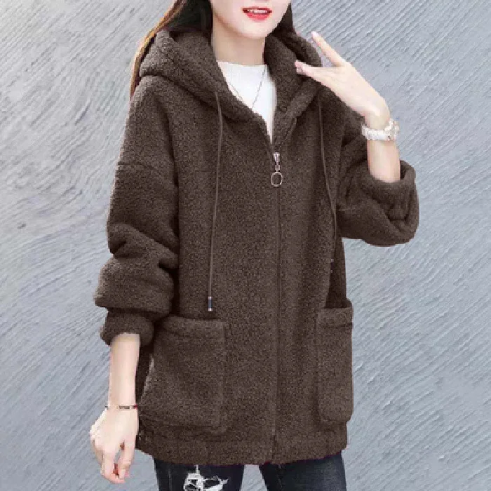 Solid Cardigan Sweater Women's Purple Loose Jacket Thick Autumn  Winter Loose Korean Teddy Velvet Hooded Simple Coat Women