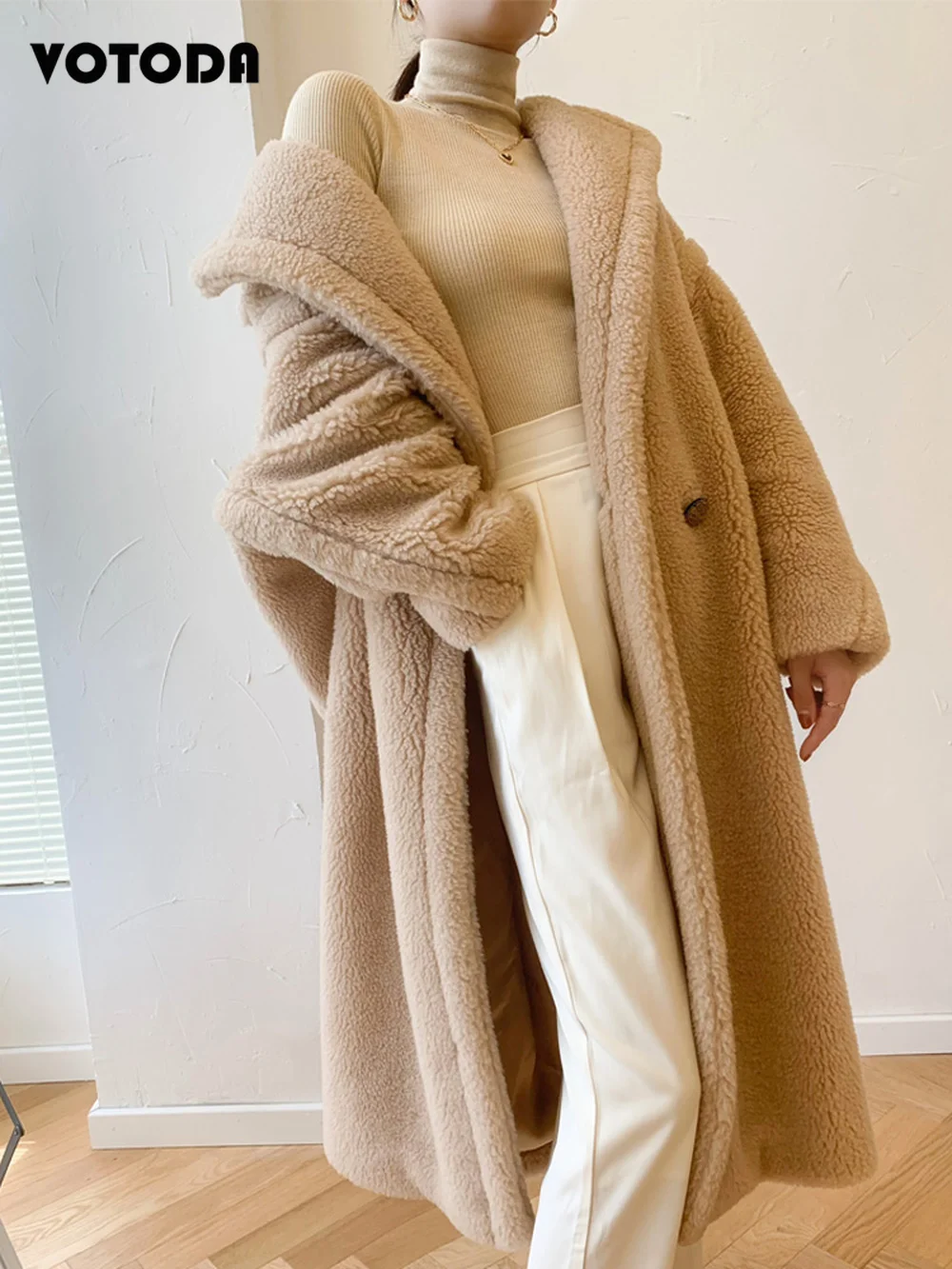 Women Long Fur Coat Teddy Bear Jacket Fluffy Lamb Wool Coats Winter Oversized Thick Warm Fur Overcoat Turn Down Collar Jackets