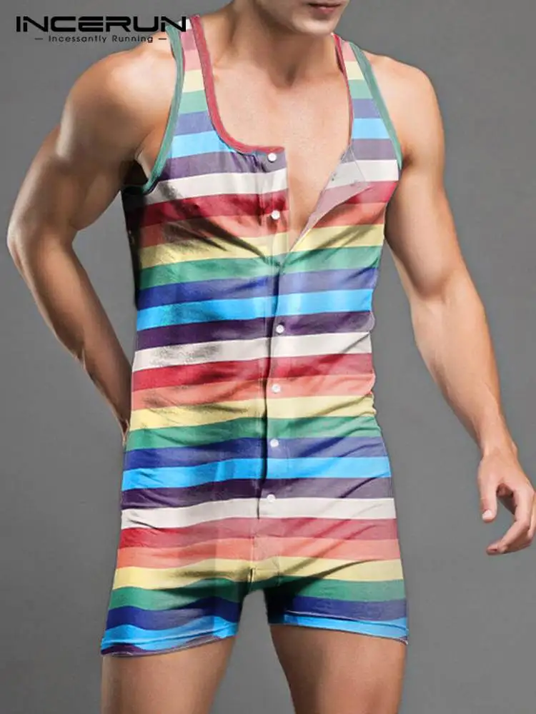 

Summer Button Fitness Bodysuit Sleepwear INCERUN Men Leisure Striped Pajama Rompers Sleeveless Round Neck Onesies Homewear S-5XL