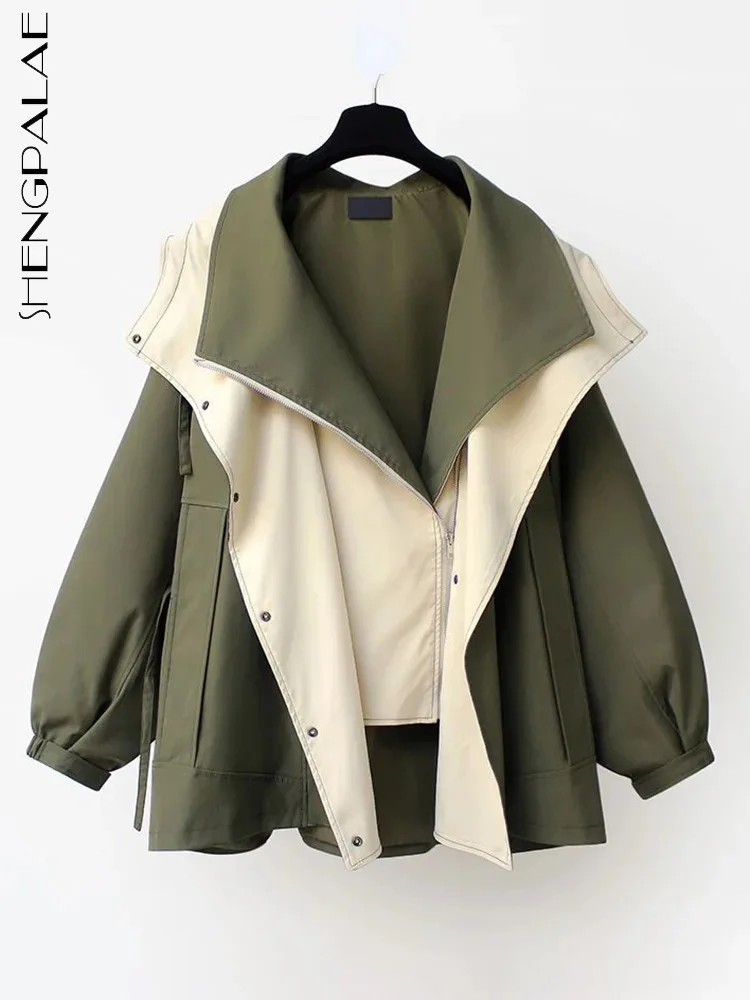 

SHENGPALAE Autumn Fashion Women's Hooded Coat Patchwork Contrast Color 2023 New Short Trench Jacke Casual Cargo Outwear 5R7430