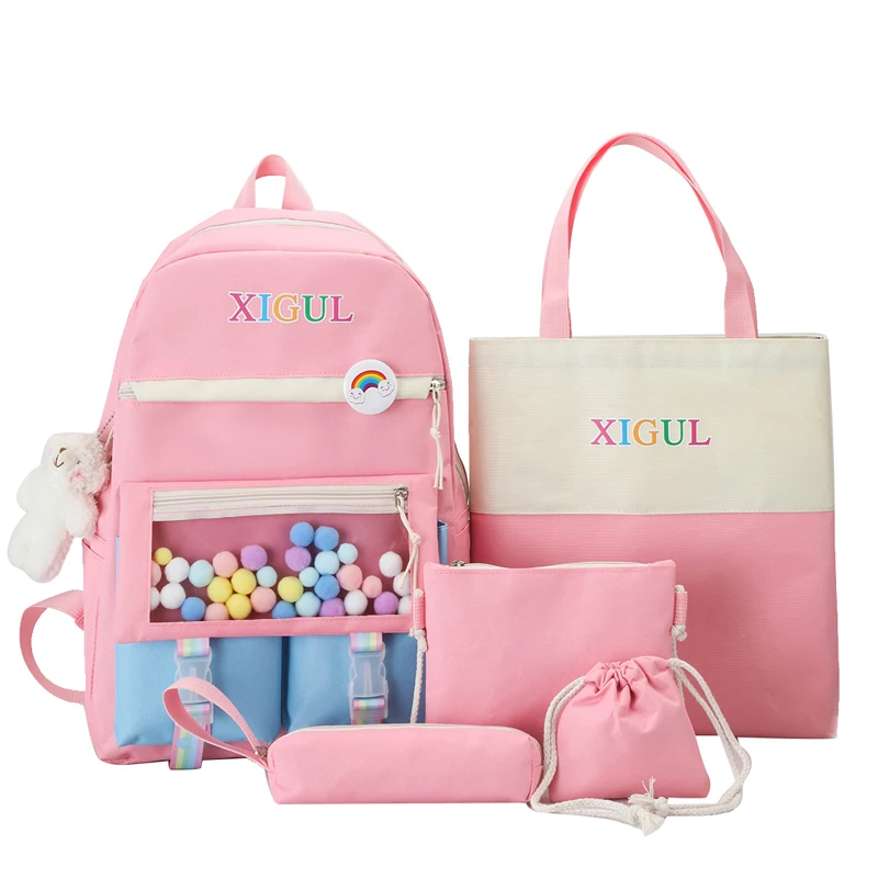 5 piece set backpacks for girl fashion colored balls school bags for girls cute stamp kids backpack and pencil case bear student