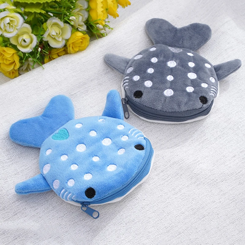 Cute Blue Small Whales Coin Purse Plush Zipper Coin Wallet Shark Shape Designer Women's Wallet Change Purse Key Earphone Pouch