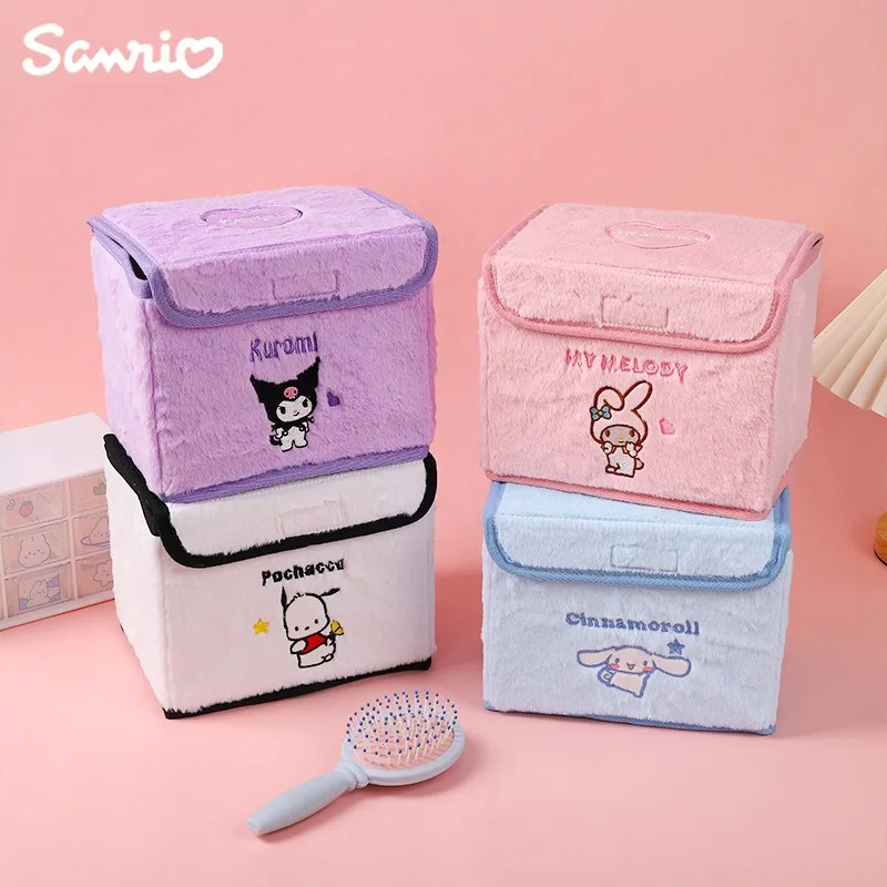 

Sanrio My Melody Kuromi Cinnamoroll Plush Storage Box Flip-Top Cartoon Embroidery Foldable Organizer Box Kawaii Sundries Basket