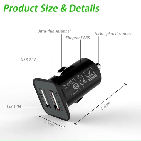 2,4A 5V Автомобильное зарядное устройство с двумя USB-портами, 2-портовый адаптер прикуривателя, зарядное устройство, USB-адаптер питания для всех смартфонов