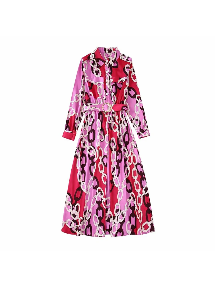 

Women's Fall 2022 New Casual Fashion Chic Chain Print Shirt Dress Vintage Lapel Single Breasted Belted Slim Fit Skirt