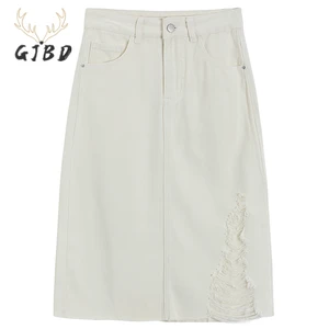 Women's White Denim Half Body Skirt Ripped High Waist Self Cultivation Casual Korean Fashion Baggy L