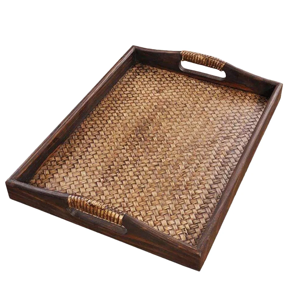 

trays decorative ottoman tray large for living room coffee wood- Rattan Weaving Tea Tray Simple Home Tea Cup Storage Plate SPA
