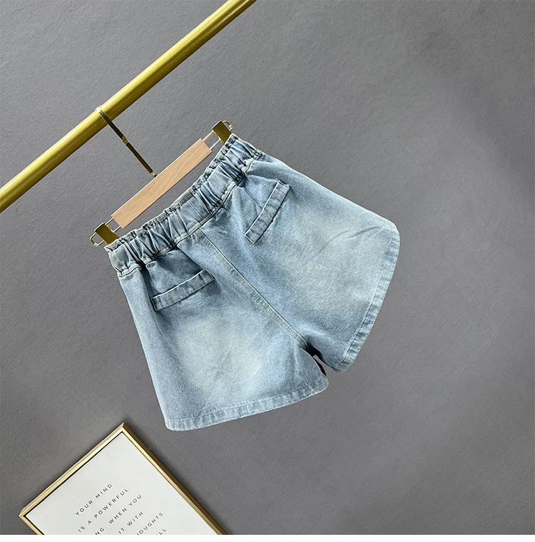 Denim Shorts Women's Fashionable 2023 Summer New Lace-up High Waist Loose And Slimming Ins Diamond-Embedded Wide-Leg Booty Pants