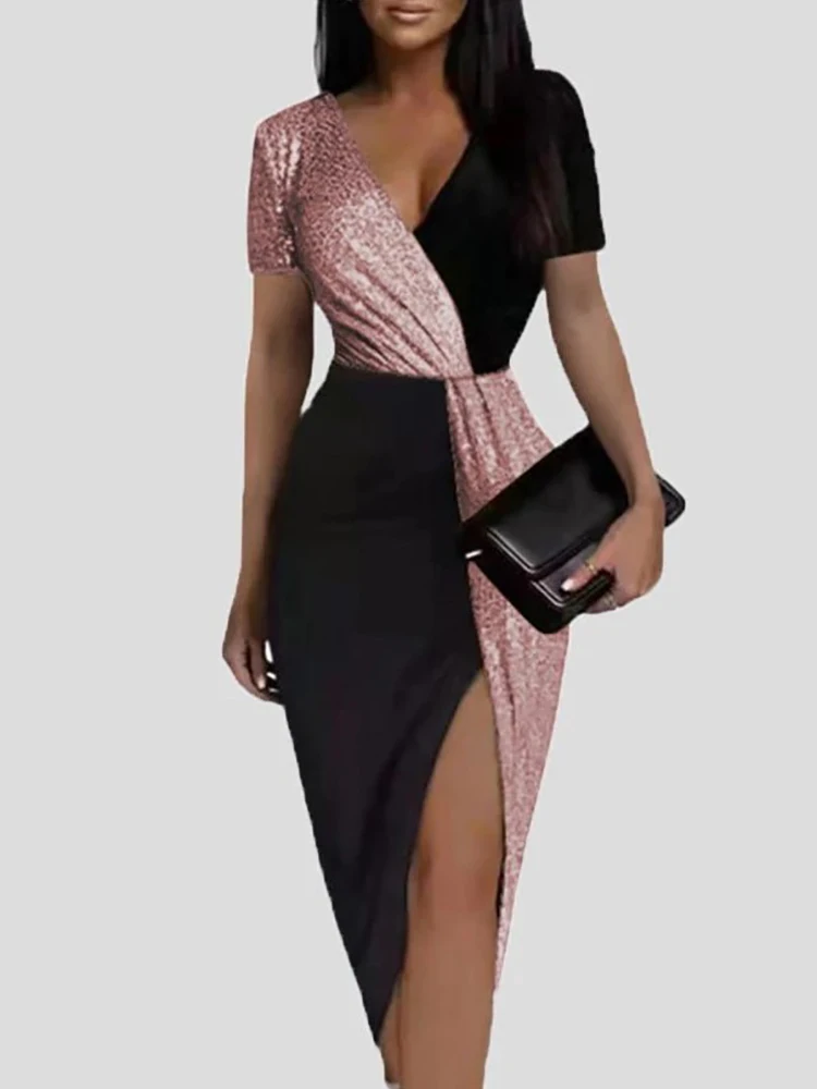

Fashion Retro Office Lady Splicing Coloured Dress Sexy Harajuku Short Sleeve Bodycon Dress Women V-Neck Slit Party Dresses Mujer