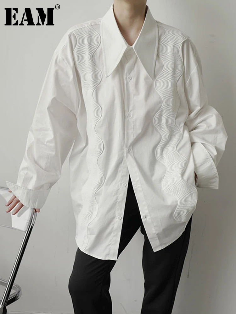 

[EAM] Women White Lace Pleated Big Size Blouse New Lapel Long Sleeve Loose Fit Shirt Fashion Tide Spring Autumn 2022 1DF0847