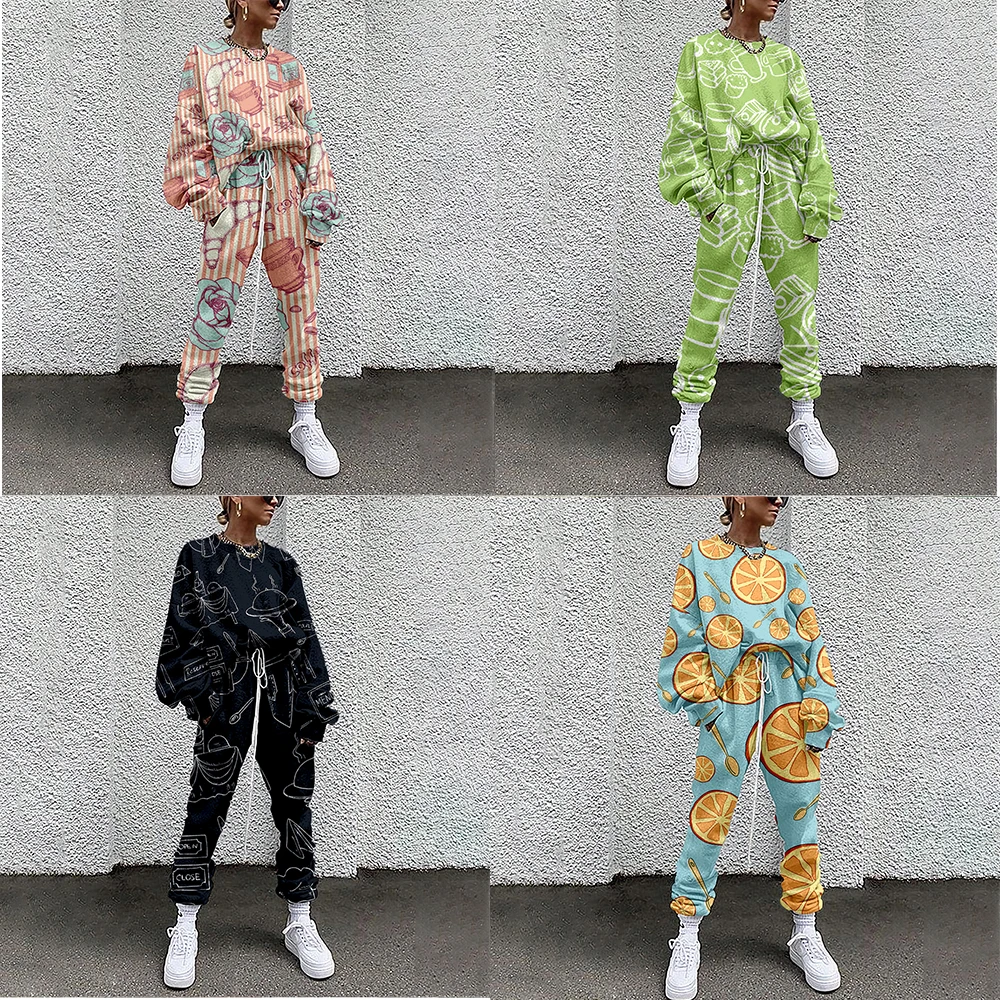 

Women's Sportswear Two Piece Afternoon Tea Printed Sportswear Casual Sweater + Pants Women's Sportswear