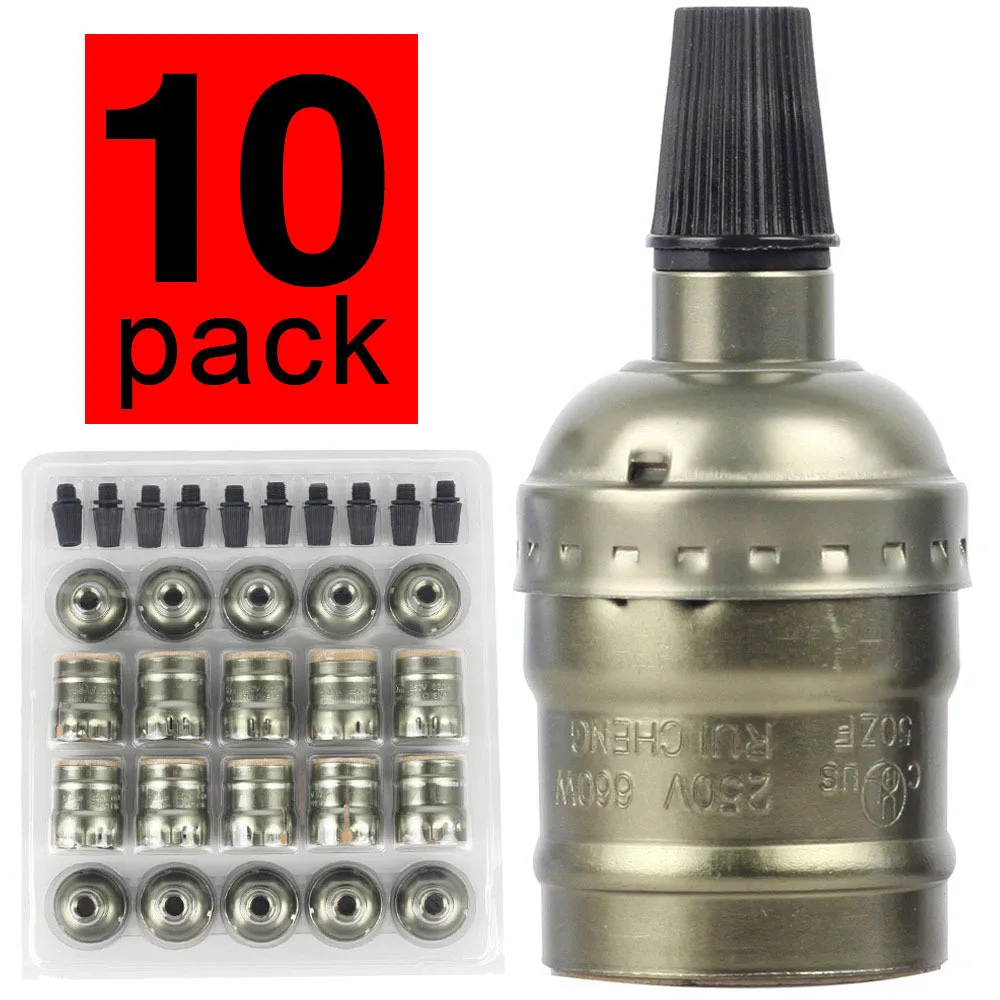 

10pack E26 /E27 Metal Shell Light Sockets Black Lamp Base Lighting Accessories Light Bulb Holder Edison Vintage Lights