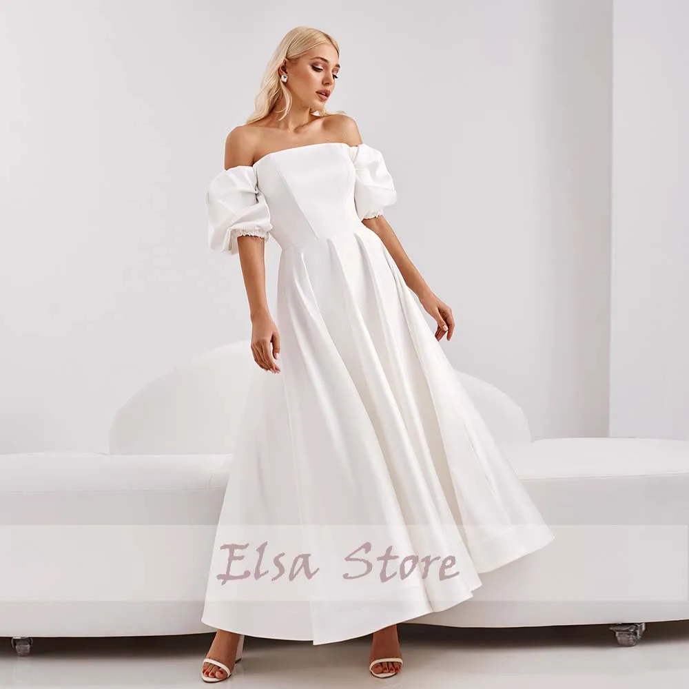 

Простое свадебное платье, белое атласное платье без бретелек с открытыми плечами, свадебное платье с пышными рукавами, ТРАПЕЦИЕВИДНОЕ плат...