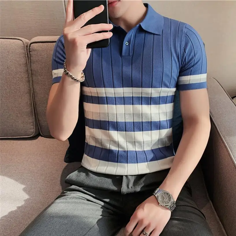 

2022 British style Men's Fashion Lce Silk Stripe Knitting POLO Shirts/Male Slim Fit Short Sleeve leisure POLO Shirts S-3XL