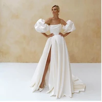 off the shoulder puff sleeves satin wedding dress 2022 simple high side slit sweep train pleated bridal gown a line