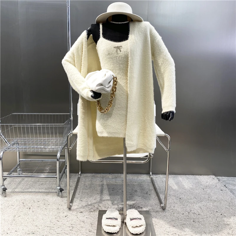 New Brand Original Design 2021 Medium Length Loose Soft Waxy Mink Sweater Coat + Diamond Bow Slim Sling Dress Two-piece Set
